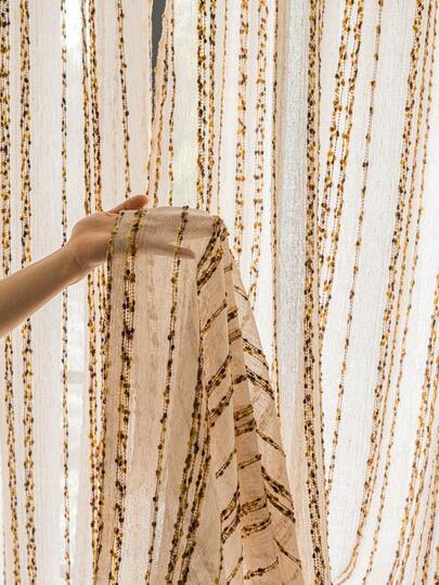 1pc Vintage Style Linen Sheer Curtain With Rainbow Candy Bead - Rod Pocket Design, Easy To Hang, Suitable For Bedroom, Living Room, Office Decor (Fabric Weight 160g/Sqm)