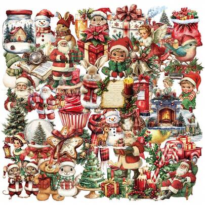 50Pcs Vintage Christmas Transparent Stickers Santa Claus Snowman Christmas Gifts Aesthetic Stickers Pack Cute Christmas Decorations PET Stickers Scrapbook Stickers Vinyl Waterproof Stickers For Water Bottle,Computer,Laptop,Phone,Luggage,Notebook,Fridge