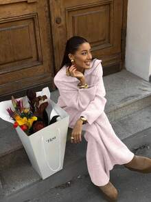 VIBEWAVE 女士休闲针织套装，宽松翻领半拉链长袖毛衣和高腰阔腿裤两件套 - 粉色 - 查看 2