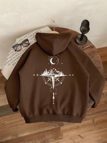 Teens Boys' Casual Sweatshirt With Letter & Compass Pattern, Suitable For Spring & Autumn, Suitable For Students' Daily Wear, Parties, School, Music Festivals, Vacations, Commuting - Brown - View 4