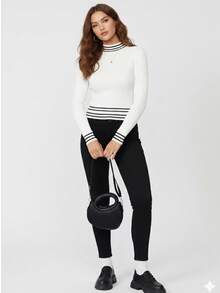 Sueter mujer cuello alto rayas finas contraste horizontales bicolor ajustado tejido de punto corte recto manga larga casual moderno excelente calidad suave transpirable ideal clima templado fresco elegante resalta  figura basico  otoño invierno primavera colores neutros femenino diario - Blanco - Ver 2