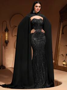 AMILUCK 奢华高端亮片蕾丝雪纺花瓣袖美人鱼长裙，优雅适合正式晚宴、婚礼宾客、红毯活动、新娘礼服（春季黑色） - 黑色 - 查看 7