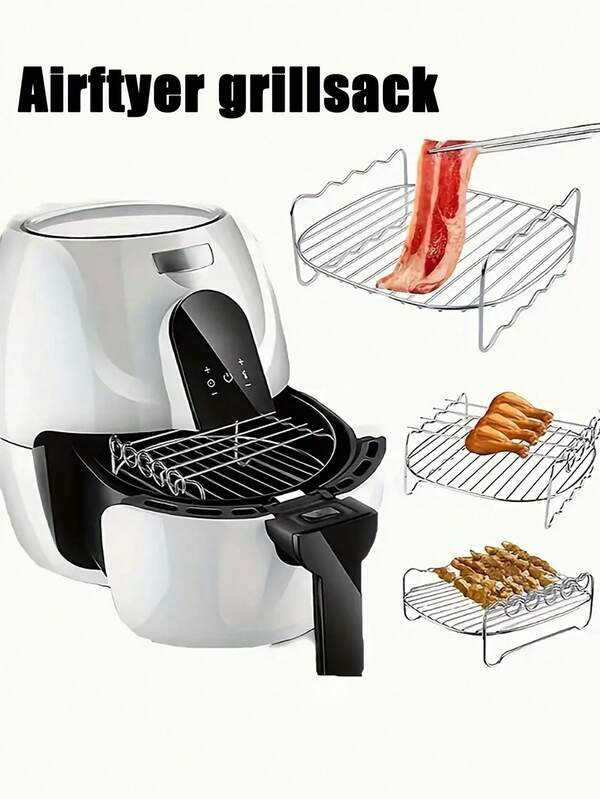 Grille d'air friteuse à double couche avec brochettes, accessoires rectangulaires d'air friteuse convenant à la cuisson au four et à la friture à air, au four, au lave-vaisselle, au barbecue extérieur, s'adapte aux grilles carrées d'air friteuse, en acier au carbone