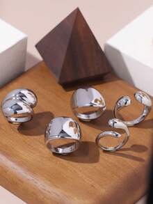 Set de 5 anillos geométricos apilables con diseño de gota de agua, accesorios diarios, de cita, de fiesta y de regalo para vacaciones para mujeres - Plateado - Ver 2