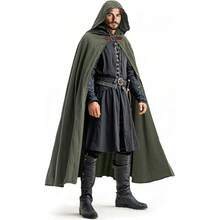 Ibeauti Renaissance Hooded Cloak Linen Cloak Halloween Medieval Costume Cape Women Mengift - 綠色 - 查看 1