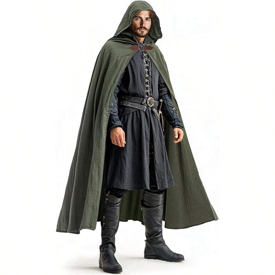Ibeauti Renaissance Hooded Cloak Linen Cloak Halloween Medieval Costume Cape Women Mengift - 綠色 - 查看 1
