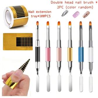 Multifunctional Nail Art Brush, Dual-Ended Gel Painting Pen, Mixing Stick, Flower Pressing Tool, For Gel, Acrylic Nails, Nail Extension, French Manicure, Gold Nail Tips, Nail Art Accessories Set