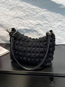 1pc Fashionable Solid Color Pleated Bubble Shoulder Bag, Casual & Versatile Women Shoulder Bags - Black - View 9