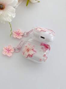 Lily Flower Earphone Case Cherry Blossom & Peach Flower Earphone Case Transparent Earphone Case With 1 Pink Flower Lanyard, Compatible With AirPods Pro (2nd Generation), 3, Pro, 1/2, 4