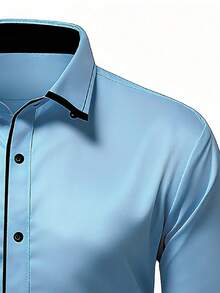 1pc Men's Casual/Business Shirt, Intricate Craftsmanship - Pearl Buttons, Comfortable 100% Polyester Fabric, Meticulously Tailored, Slim Fit - Recommended To Pair With Suit Pants - Baby Blue - View 5