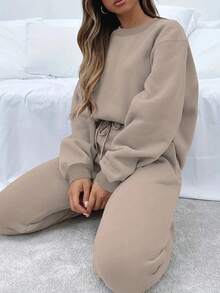 Women's Autumn And Winter Sports Suits, Fashionable Solid Color Women's Sweatshirt Suits, Suitable For Daily Travel And Various Occasions - 米色 - 查看 4