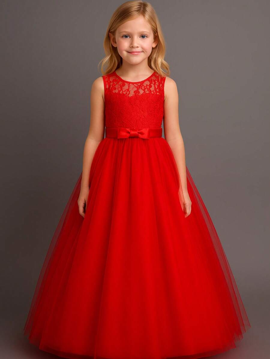 Children's Youth Long Party Dress Girl Flower Girl Bridesmaid Wedding Flower Girl Debutante Princess Miss - 3 To 16 Years - Premium Luxury - 紅色 - 查看 1