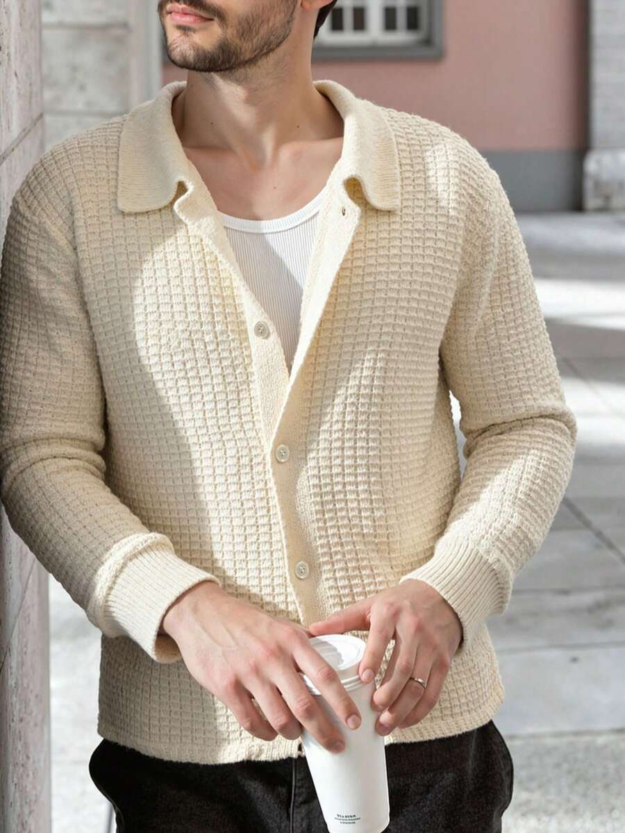 Men's Casual Loose Simple Elegant Korean Style Versatile Commuting Solid Color Jacquard Polo Collar Button Front Cardigan Knit Sweater Jacket, Autumn/Winter