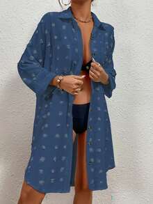 Damen Große Größen Herbst und Winter Langarm Lässig einfarbige Kragen Polka Punkt Knopf Jacke mit Doppeltaschen für vielseitigen täglichen Urlaubsoutfit - Blau - Übersicht 2