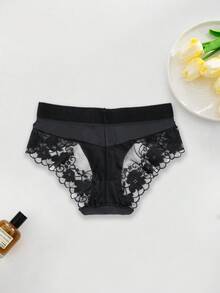 Women's Floral Lace Panties Low Waist Sheer Lace Trim Briefs Elegant Underwear Elastic Panty Lingerie Sexy Laces Splicing Triangle Pantie Women Flower Underpants Comfortable Knickers Minimal Style Safety Shorts Daily Wear