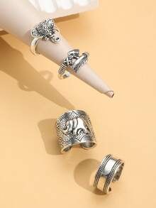Set de 4 anillos de estilo punk exagerado y estilo hip hop, con diseños vintage tallados en 3D de elefante, pluma y flecha, para mujeres