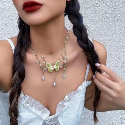 1 pièce Collier avec chaîne papillon vert et faux perles de cristal, style pixie fée, style punk, ras-de-cou perlé, cadeau parfait pour elle, convient pour un port quotidien