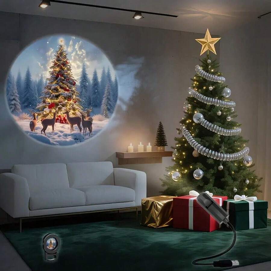 1pc Christmas USB Powered Projection Light, Christmas Tree Reindeer, Santa Claus, Snowman LED Night Light, Suitable For Indoor, Bedroom, Game Room, Christmas Theme Party Decoration, Christmas Tree Top Light, Bedroom Light, Etc. - Black - View 1