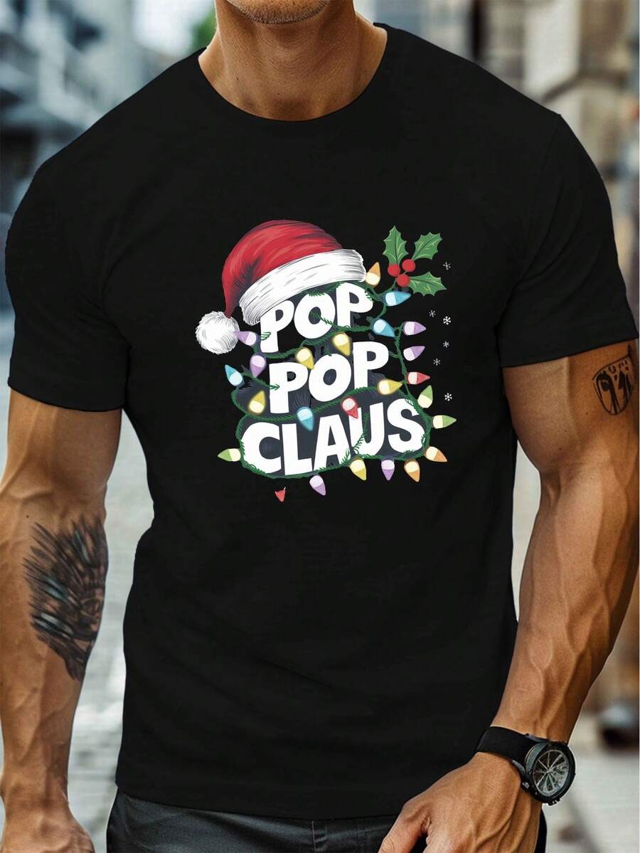 200g 100% Algodón Puro Camiseta de Hombre Patrón de Santa Claus - Camiseta Divertida de Santa Claus y Estampado de Bastón de Caramelo de Manga Corta Cuello Redondo Casual para Verano y Fiestas, Lavable a Máquina Ropa Casual de Vacaciones (Negro con Diseño Rojo/Verde) - Adecuada para fiestas de Navidad y uso diario - Moda de Hombre Talla Grande, Con características divertidas Diseño POP POP CLAUS, Ligera y Transpirable, Adecuada para clima cálido, Camiseta de Navidad, Disfraz de Navidad para hombres - Negro - Ver 1