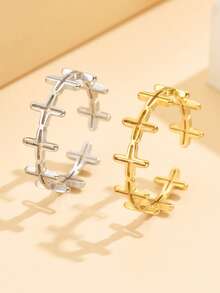 1pc Simple Wavy Openwork Stainless Steel Adjustable Plain Ring, 18K Gold Plated Women Accessory For Daily Wear - Gold - View 10