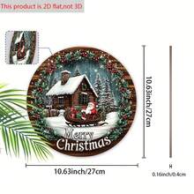 2D plat, 1 panneau en bois de Noël - Scène d'hiver 2D, Père Noël sur un traîneau, maison enneigée et pins, décorations de fête rouges et vertes, convient pour accrocher à la porte ou au mur, ornements de Noël, le meilleur pour Noël