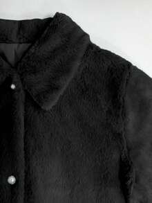 Nueva chaqueta casual con botones delanteros y cuello de piel sintética de unicolor para mujeres, abrigo elegante y lindo de peluche adecuado para fiestas, salidas, ir al trabajo, Navidad y disfraces de Halloween (sin cinturón) - Negro - Ver 4