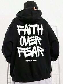 Faith Over Fear, Letter Print Pocket Hoodie, Men's Casual Long-Sleeve Drawstring Style, Autumn & Winter New-Unisex Loose-Fit Hooded Sweatshirt-K88 - màu đen - Xem 2