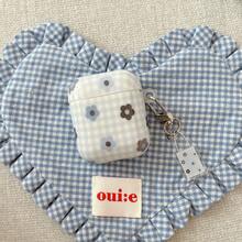 1 set husă de căști albastră în carouri și design floral, compatibilă cu Apple 1/2/3/4, husă de protecție pentru căști wireless Bluetooth Pro 2