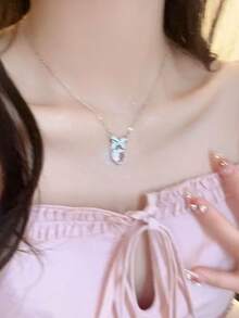 1pc Pink Zirconia Heart & Bow Tie Pendant Necklace, Sweet & Chic Clavicle Chain For Women