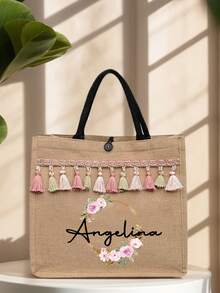 This 2-Piece Set Includes A Custom Name Wreath Pattern Tassel Tote Bag And A Cosmetic Bag. Made Of Linen, This Large-Capacity Tote Bag/Shopping Bag/Portable Casual Organizer Is Perfect For Everyday Outings, Beach Vacations, And More. The Large Capacity Shopping Bag Is Ideal For Occasions Such As School, Birthdays, University, Work, Business, Commuting, Outdoor Activities, Travel, And Leisure. - Multicolor - View 4