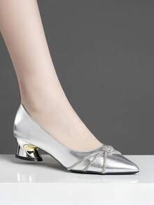 Fall/Winter Rhinestone Strap Low Vamp High-End Women's Fashion Comfortable Versatile Chunky Heel Pumps, Elegant - Silver - View 4