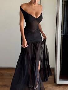 Đầm corset phối lưới sang trọng, quyến rũ, gợi cảm, lãng mạn cao cấp, đầm dài ôm sát hở vai, đầm dự tiệc cho nữ, đầm dài màu trơn thanh lịch cho nữ. - màu đen - Xem 2