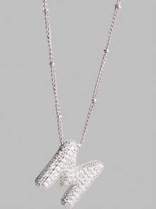 DareSee One Piece New Women's Stainless Steel Bubble Letter Necklace Shining Zirconia Rhinestone Letter 26 A-Z Exquisite Balloon Necklace Music Fest Y2KFest Autumn Winter Gifts Music Fest - Silver - View 1