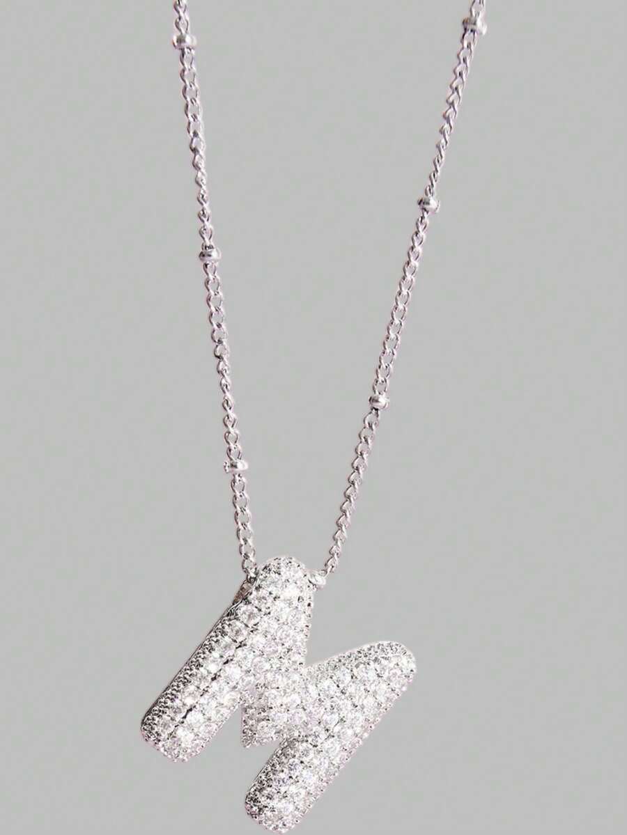 DareSee One Piece New Women's Stainless Steel Bubble Letter Necklace Shining Zirconia Rhinestone Letter 26 A-Z Exquisite Balloon Necklace Music Fest Y2KFest Autumn Winter Gifts Music Fest - Silver - View 1