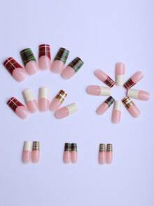 24pcs Medium-Length Square Press On Nails Gift Box, British Style Checkerboard Red And Green With Classic Beige French Edge Design, Full Of Daily Versatile Portable Fake Nails With Jelly Glue 1 Piece 1 Rubbing Strip Nail Supplies - Multicolor - View 5