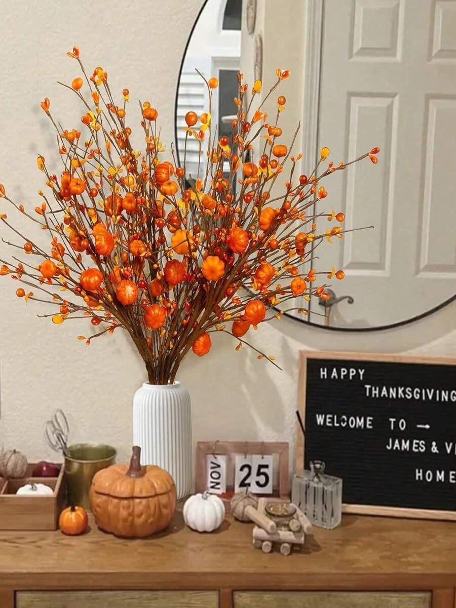 2 buc ramuri artificiale de dovleac cu fructe de pădure, decorare de casă de toamnă cu Ziua Recunoștinței, decorare realistă cu aranjament floral de interior, decorare de casă, baston de mers cu dovleac cu fructe de pădure, aranjament floral artificial de toamnă cu tulpină și ramură de fructe de pădure, decorare de dovleac cu flori de toamnă - Multicolor - Vizualizare 1