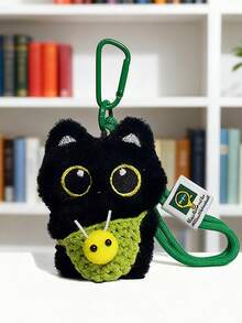 Handmade Knitted Cartoon Bee & Black Cat Plush Keychain Set - Cute Animal Theme Unisex Bag Charm, Backpack/Car Key Chain, Lanyard And Keyring Accessories, Perfect Gift For Girlfriend