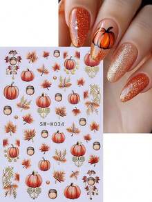 Luxury Maple Leaf Pumpkin Nail Art Stickers 2PCS Pine Nuts Autumn Decals Fall Nail Art Designs Self Adhesive 3D Manicure Foils Nail Decoration DIY Supplies For Women Girl Autumn Nails - 彩色 - 查看 8