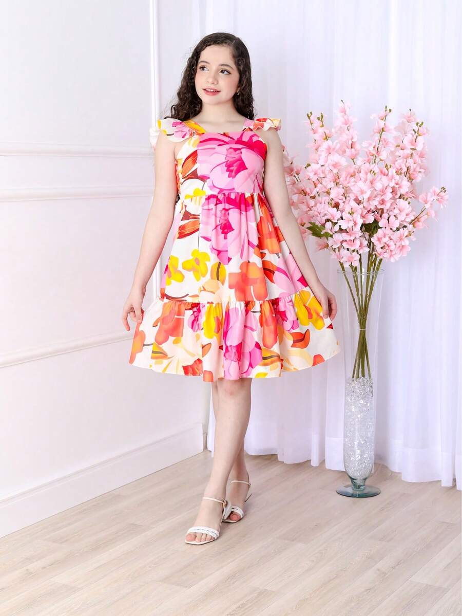 Short Printed Children's Tank Top Dress - 花卉 - 查看 1