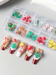 12 Gitter Relief Weihnachts-Nägel Dekor Harz Cartoon Weihnachtsmann Kristallkugel Glocke Geschenk Elch Weihnachtsbaum Handschuhe Süße Nagel Weihnachtsdekoration Nagel Zubehör