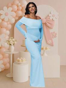 JustVH Maternity Contrast Mesh Off-Shoulder Dress Ruched Mermaid Hem For Baby Shower Elegant Stretch Maxi Outfit Photoshoot