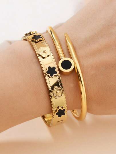 Conjunto de 2 peças de pulseiras vintage ocidentais de ouro 18K com concha preta, quatro trevos de cinco folhas, pingentes de aço inoxidável, conjuntos de joias para mulheres