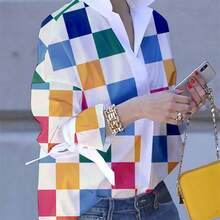 Woman ' S 2025 Summer New Contrast Plaid Buttoned Stand Collar Blouses Loose Long Sleeves Tied Plus Size Outfits For Women Leisure Fashion Tops - Nhiều màu - Xem 5