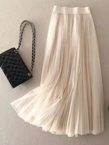 LuminousWealth Women's Elegant Pleated Mesh A-Line Skirt, Suitable For Casual Or Office Wear, Minimalist & Graceful | Polyester Mesh Skirt, Suitable For All Seasons, Great For New Year, Parties