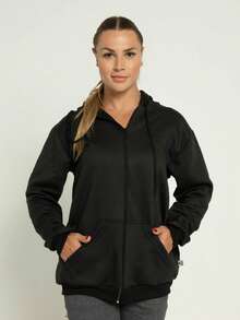 Moletom Canguru com Zíper Blusa de Frio Inverno Fechado Flanelado Com Capuz E Bolso Blusão Casaco de Algodão Poliéster Unissex Feminino Masculino Liso Sem Estampa - Preto - Visão 2
