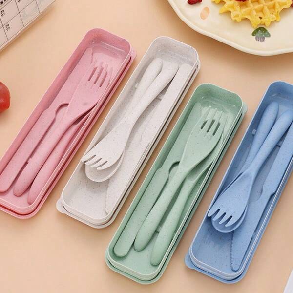 Wheat Straw Knife, Fork And Spoon Three-Piece Set For Students, Office Workers, Outdoor Travel, Portable Cutlery, Steak Knife, Fork And Spoon