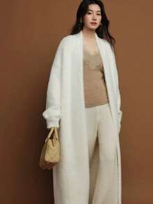 Áo khoác cardigan nữ lót lông giả, áo len dài dệt kim kiểu dáng thường ngày, áo khoác ngoài thanh lịch màu trơn dành cho nữ công sở, thích hợp cho mùa thu/đông. - trắng - Xem 5