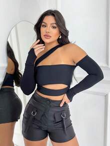 LONG SLEEVE CROPPED TOP FOR WOMEN'S FASHION - 黑色 - 查看 10