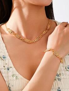 Set de 3 piezas de joyería vintage con marco de metal asimétrico, collar, aretes y anillo con perlas falsas para mujeres