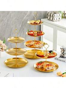 1pc  3-Tier Stainless Steel Dessert Stand - Serving Tray For Party, Wedding, Afternoon Tea, Kitchen & Bakery Display - 金色 - 查看 7